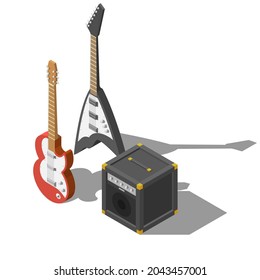 Isometric 3D Music Instrument Guitars And Combo Amplifier Play Element Vector Design Style For Concert, Performance, Relax