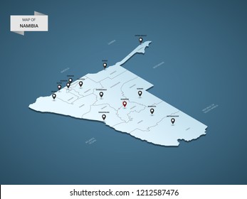 Isometric 3D Namibia map,  vector illustration with cities, borders, capital, administrative divisions and pointer marks; gradient blue background.  Concept for infographic.