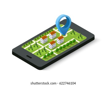 Isometric 3D navigation sign and pin symbol on mobile phone city urban map indicating the location and direction