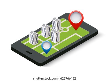 Isometric 3D navigation sign and pin symbol on mobile phone city urban map indicating the location and direction