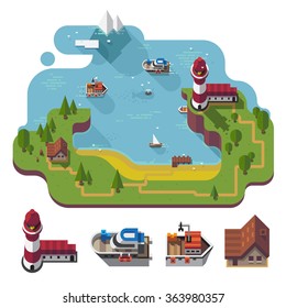 Isometric 3d near the sea landscape, rural, fishermen village with the lighthouse on the hill. Different boats, barn isolated. Flat vector stock illustration with isolated element. 