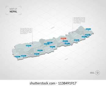Isometric  3D Nepal map. Stylized vector map illustration with cities, borders, capital Kathmandu , administrative divisions and pointer marks; gradient background with grid. 