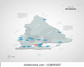 Isometric  3D Nicaragua map. Stylized vector map illustration with cities, borders, capital Managua , administrative divisions and pointer marks; gradient background with grid. 
