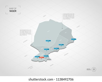 Isometric  3D Niger map. Stylized vector map illustration with cities, borders, capital Niamey , administrative divisions and pointer marks; gradient background with grid. 