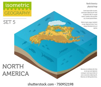 Isometric 3d North America physical map elements. Build your own geography info graphic collection. Vector illustration