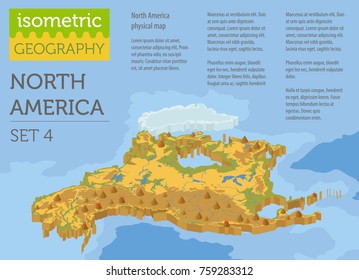 Isometric 3d North America physical map elements. Build your own geography info graphic collection. Vector illustration