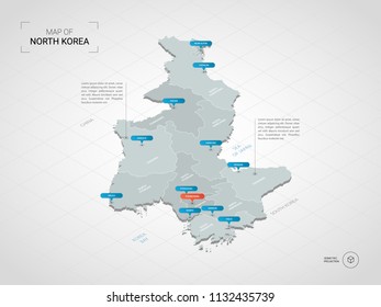 Isometric  3D North Korea map. Stylized vector map illustration with cities, borders, capital Pyongyang , administrative divisions and pointer marks; gradient background with grid. 