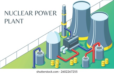 Isometric 3D Nuclear Power Plant Illustration – Clean Energy Concept with Detailed Cooling Towers, Pipelines, and Industrial Infrastructure. Perfect for Environmental, Energy, and Technology Themes.