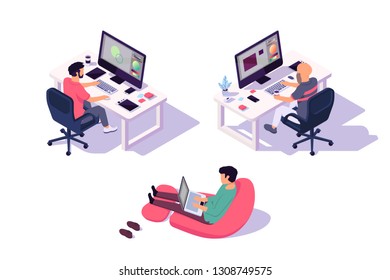 Isometric 3d office designers with businessman and computer. Concept young man employee with laptop at work. Low poly. Vector illustration.