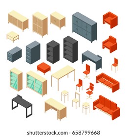 Isometric 3d office furniture isolated. Interior elements vector set. Furniture for interior room office, table and armchair illustration