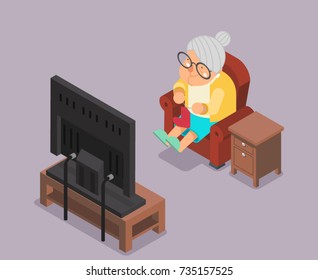 Isometric 3d Old Lady Watching TV Armchair Sit Cartoon Character Flat Design Vector Illustration