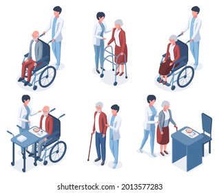 Isometric 3d old people medical help care. Senior people medical therapy, elderly patient nursing vector illustration set. Elderly people care and look after elderly disability