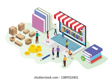 isometric 3d online book store concept with digital library books on the laptop with team people buy with shipment cardboard - vector illustration