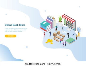 isometric 3d online book store concept with digital library books for website template landing homepage banner - vector illustration