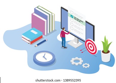 Isometric 3d Online Exam Or Course Concept With Books And Computer Exams With Time Icon - Vector Illustration