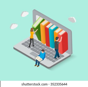 Isometric 3d online library concept with little people taking books from laptop, vector illustration