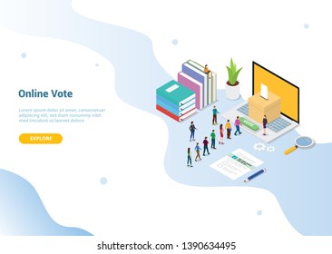 isometric 3d online vote concept with people queued up for website template or landing homepage - vector illustration