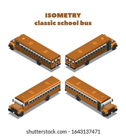 Isometric 3D orange classic long school bus in four projections