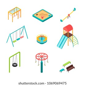 Isometric 3D outdoor kids playground vector cartoon elements isolated. Illustration of slide and swing, ladder and sandpit for playground
