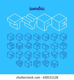 Isometric 3d outline font, three-dimensional alphabet. Vector illustration.