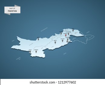 Isometric 3D Pakistan map,  vector illustration with cities, borders, capital, administrative divisions and pointer marks; gradient blue background.  Concept for infographic.