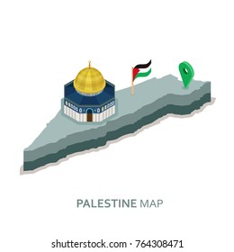 isometric 3d palestine map , flag and dome of the rock mosque vector