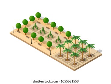 Isometric 3D palm park with trees of a three-dimensional city
