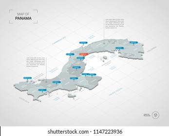 Isometric  3D Panama map. Stylized vector map illustration with cities, borders, capital Ciudad de Panamá , administrative divisions and pointer marks; gradient background with grid. 
