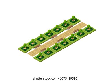 Isometric 3d park with a green tree of summer nature forest landscape, outdoor flat city street of isolated objects. Vector illustration natural elements for design and concept scene.
