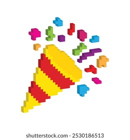 Icono de confeti de fiesta isométrica 3d 8 bits, icono de cumpleaños de fuegos artificiales de arte de píxeles para el logotipo del juego.