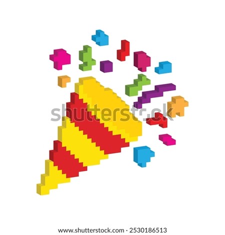 Isometric 3d  party confetti icon 8 bit, pixel art fireworks birthday icon for game logo.