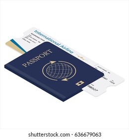 Isometric 3d passport and boarding pass vector illustration. Airplane ticket. Identification document