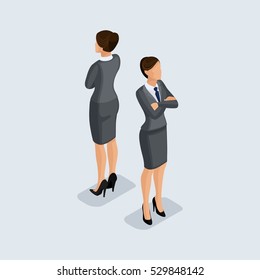 Isometric 3D people, business woman, formal suit, jacket, skirt, beautiful shoes, bag, hairstyle. Front view rear view isolated on a light background.