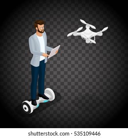 Isometric 3D people, drone quadrocopter, game sevremennaya, isometrics businessman. GyroScooter drive unit. On a transparent background. Vector illustration.