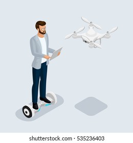 Isometric 3D people, drone quadrocopter, game sevremennaya, isometrics businessman. GyroScooter drive unit. On a light background. Vector illustration.