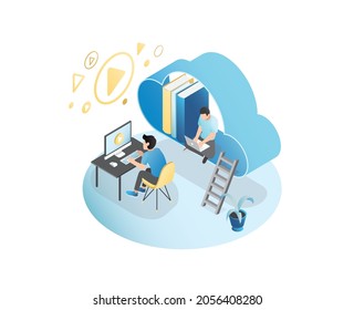 Isometric 3d people in laptop, computer search, browse, download files, documents in cloud storage. Organization, management in archive. Online library on Internet.