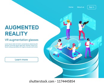 Isometric 3d people learning and working at augmented reality headset mobile gadgets future tech. VR digital augmentation glasses virtual game technology infographic concept vector illustration