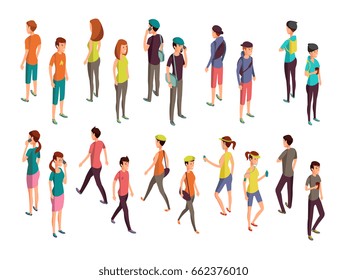 Isometric 3d people. Young casual persons vector set. Isometric young people woman and man illustration