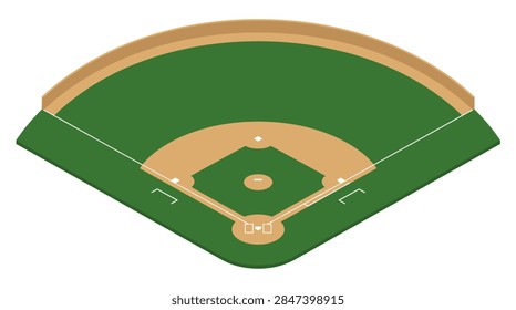 An isometric 3D perspective vector illustration of a professional baseball stadium field. The graphic depicts a green grass outfield, a tan dirt infield diamond, white foul lines extending to the outfield, and marked positions for home plate, bases, and the pitcher's mound. The design includes a subtle outfield wall and is isolated on a white background, making it suitable for game design, sports infographics, and editorial content.