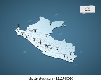 Mapa isométrico 3D Perú, ilustración vectorial con ciudades, fronteras, capital, divisiones administrativas y marcas de puntero; fondo azul degradado.  Concepto de infografía.