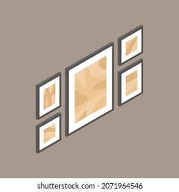 Isometric 3d picture frame set. Abstract interior posters collection. Minimal Scandinavian style home posters. Furniture decor elements isolated on dark beige. Isometric 3d vector illustration.
