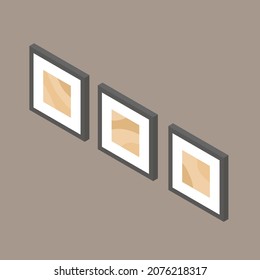 Isometric 3d picture frames on wall vector illustration. Interior decor posters abstract art beige colors. Scandinavian style minimal interior design elements. 