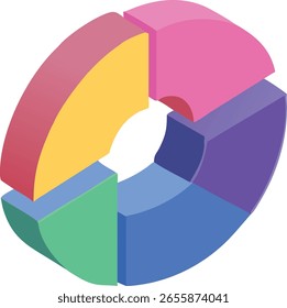 Ein isometrisches 3D-Tortendiagramm mit vier farbigen Segmenten, die Datenanalyse und Geschäftswachstum darstellen