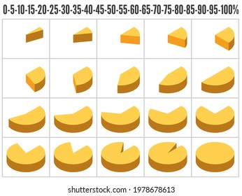 Isometric 3d pie charts set. Yellow cheese. 0, 5, 10, 15 up to 100 percent. Percentage, share and infographics concept. Flat design. EPS 8 vector illustration, no transparency, no gradients