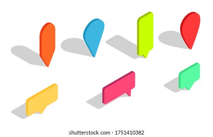 Isometric 3d pin. Pointer for map. Icons of location and markers of gps. Tag for navigation on place, road. Symbol of position, parking. Bubble elements for text in travel. Concept of tourism. Vector.