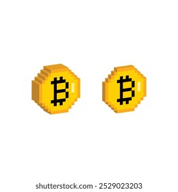 Isometric 3d pixel art Bitcoin vector icon golden coin pixel element for 8 bit game
