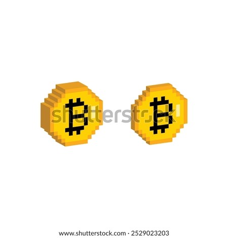 Isometric 3d pixel art Bitcoin vector icon golden coin pixel element for 8 bit game