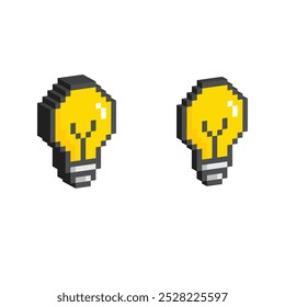 Isometric 3d pixel art Light bulb vector game 8 bit lamp icon logo. Idea icon, thinking, solution concep