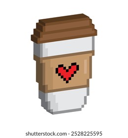 Isometric 3d pixel coffee icon. Cup of coffee or tea 8 bit