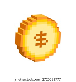 Ícone isométrico da moeda de ouro em pixel 3D. Pixel arte da moeda de ouro com símbolo de dólar logotipo de 8 bits.
